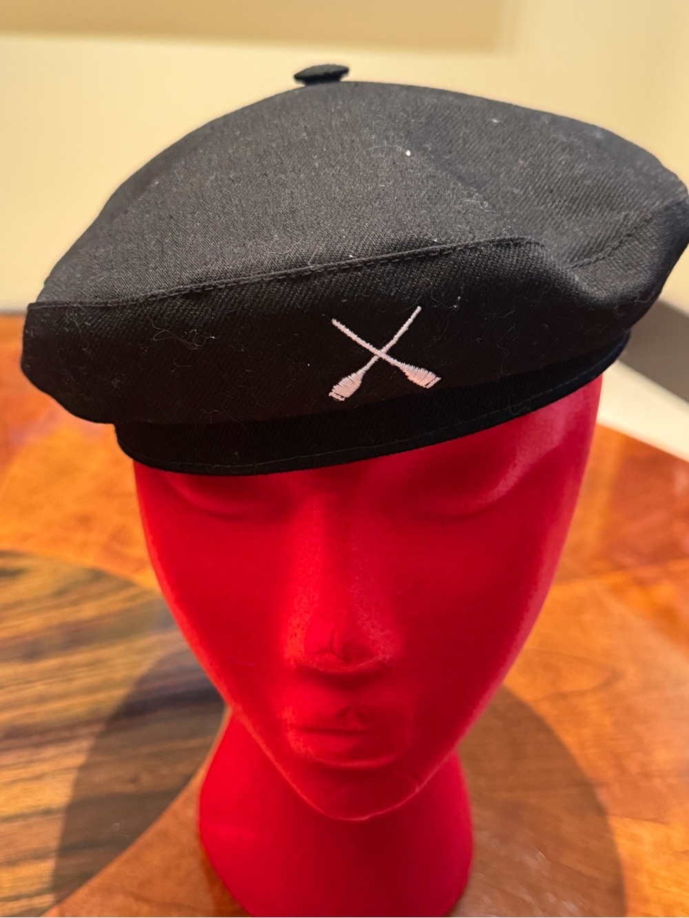 Black Cotton Beret with White Crossed Oars Embroidery